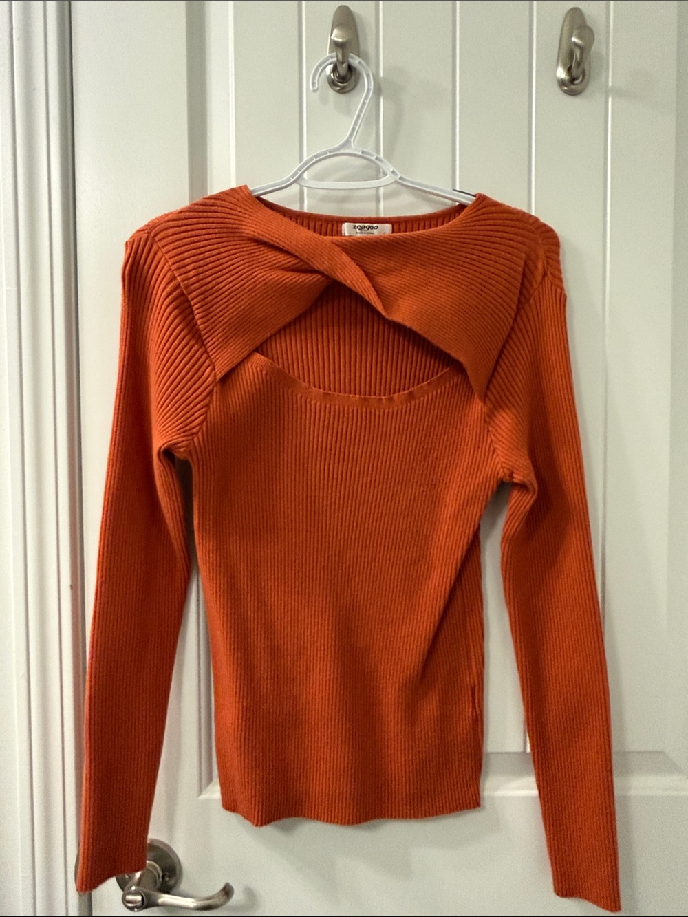 Large zeagoo Orange Ribbed Twist-Detail Scoop Neck Sweater